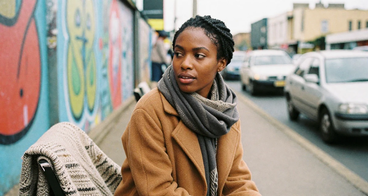 A seductive Female From Kenya, based in Nairobi, graduated from a creative institute majoring in aesthetic communication in their 40, sharing the joy of adoption and family, wearing a layered autumn coat and scarf, watching traffic pass by in a bridge walkway.