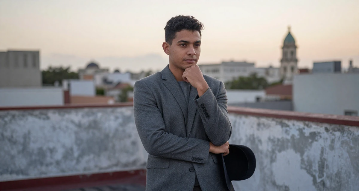 A calm and confident male From Cuba, majored in agricultural economics in their 25, accepting that growth is slower than motivational quotes claim, wearing a grey wool skirt suit with a fitted jacket, holding a hat in a rooftop terrace at sunset.