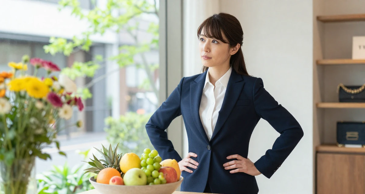 A thoughtful Female From Japan, majored in mechanical engineering in their 25, figuring out social roles and self-image, wearing a sleek modern tailored look, holding a bouquet in a home interior.
