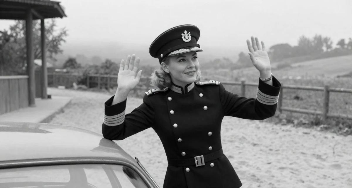 A smiling gently Female From Belgium, based in Ghent, graduated from a business school majoring in international marketing in their 24, forming long-term goals for the first time, wearing a imperial officer uniform with a peaked cap, waving to someone in a zoo enclosure path.