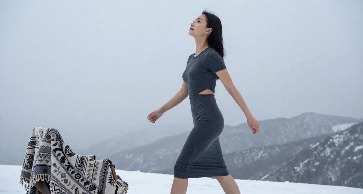A absent-minded Female From Mongolia, majored in history and culture in their 26, exploring digital nomad life, wearing a fitted midi dress with a cutout at the waist, looking up at the sky in a snowy mountain peak.