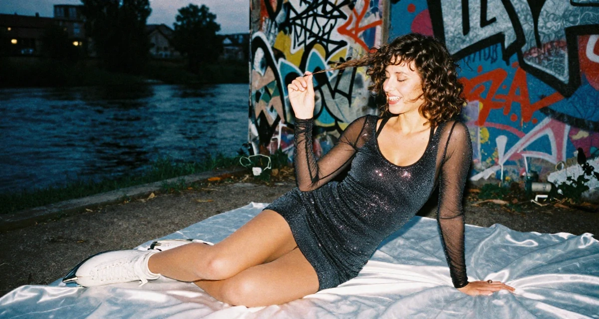 A joyful Female From Aarhus Denmark, trained in fitness coaching and body alignment in their 22, investing in outfits that complement sensual expression, wearing a ice skater sparkly dress with sheer sleeves, picking something up in a graffiti art wall.