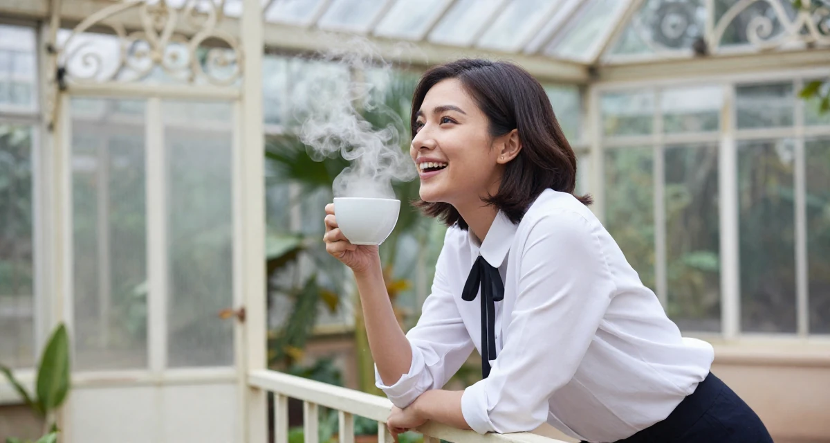 A enthusiastic Female Previously a corporate HR specialist, now a digital intimacy coach in their 24, learning how to set boundaries in private messages, wearing a white shirt with a black ribbon tie, leaning on a railing in a botanical greenhouse.