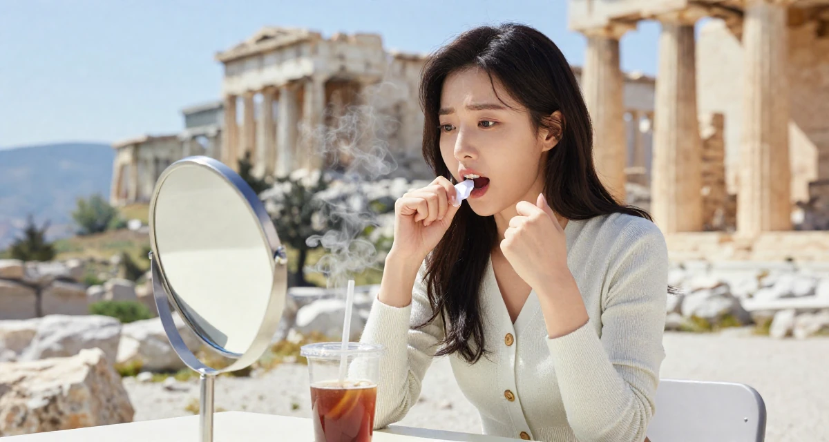 A energetic Female From South Korea, trained in broadcasting and media in their 25, struggling to stay consistent during exams, wearing a cropped cardigan with only one button fastened, gripping a lapel in a vanity mirror.