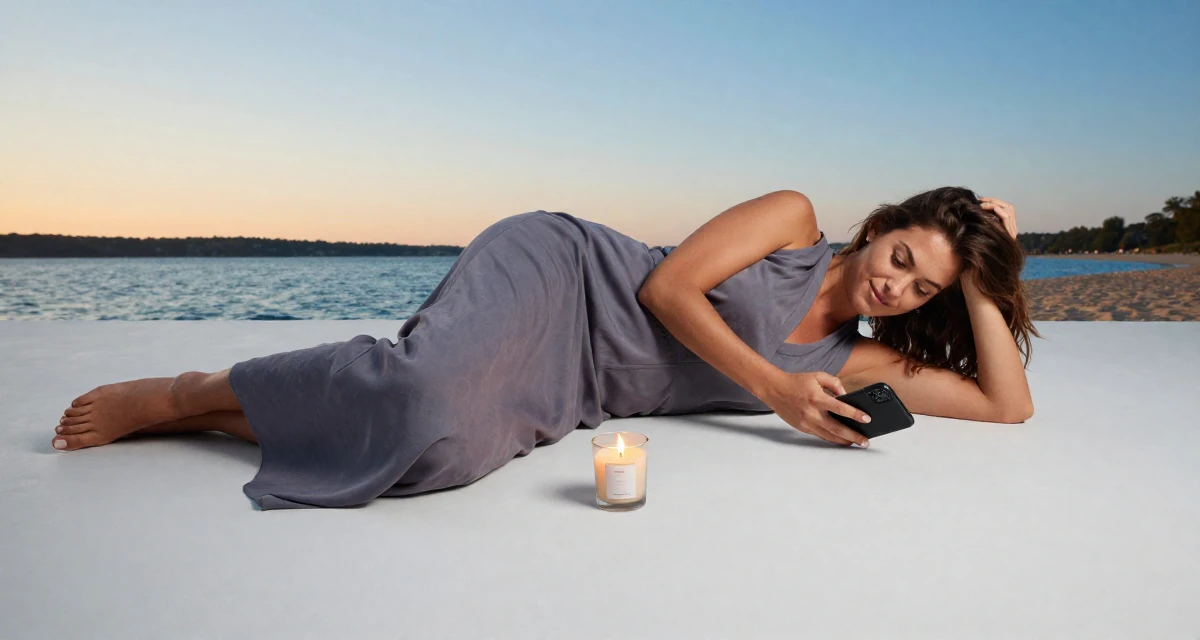 A satisfied Female From Belgium, based in Ghent, graduated from a business school majoring in international marketing in their 22, exhausted from the hustle of side gigs, wearing a flowing maxi skirt and top, checking a phone in a sunset beach.