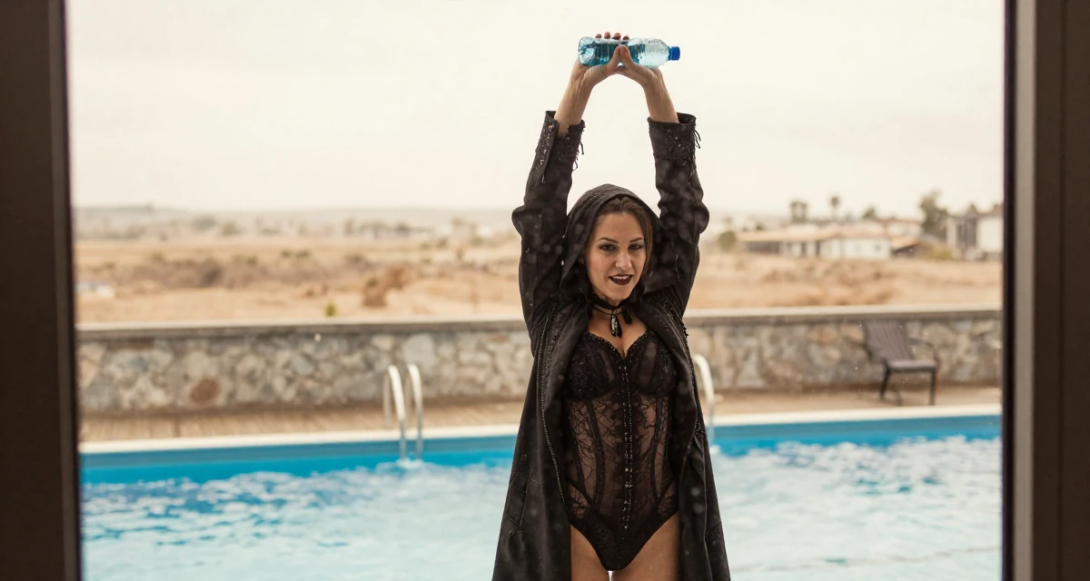 A mischievous Female From Moscow Russia, trained in rhythmic gymnastics and body control in their 33, documenting a weight loss and health journey, wearing a gothic vampire hunter outfit with a long coat, holding a water bottle in a swimming pool.