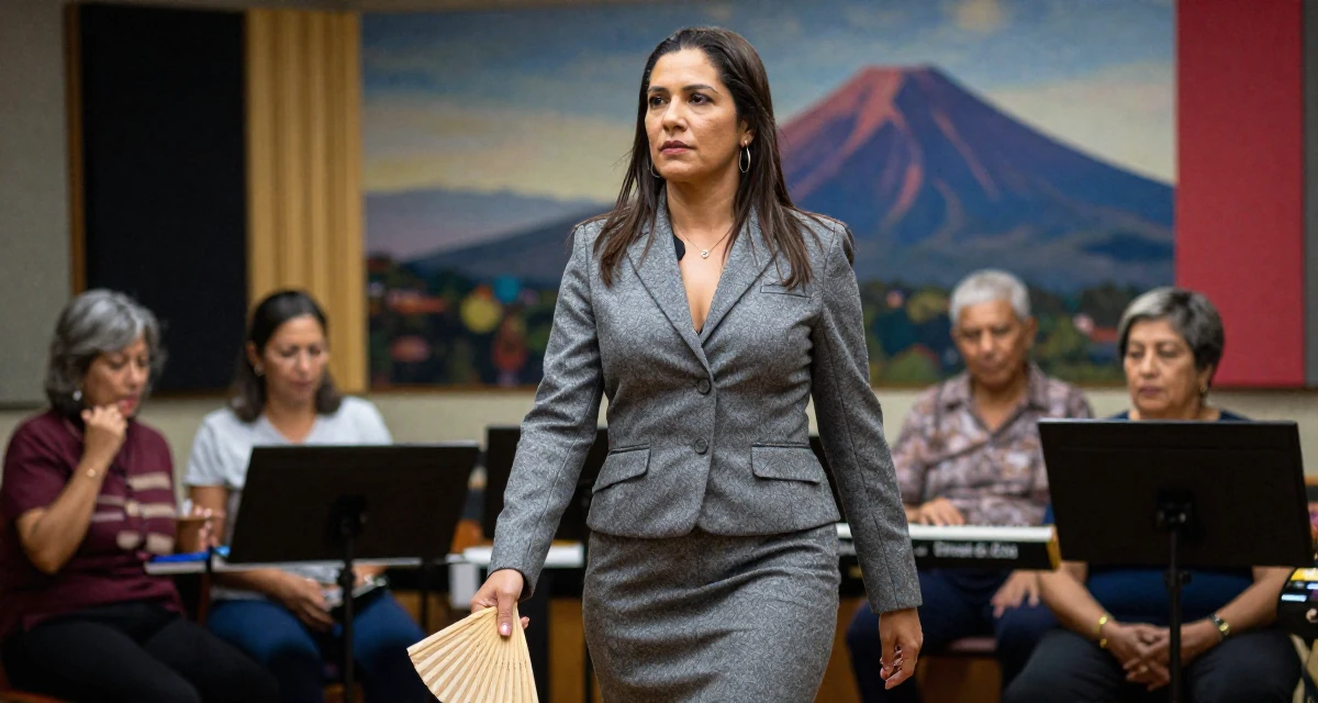 A deeply thinking Female From Brazil, graduated in tourism management in their 40, navigating the balance of career and aging parents, wearing a grey wool skirt suit with a fitted jacket, fanning self with a hand in a music studio.