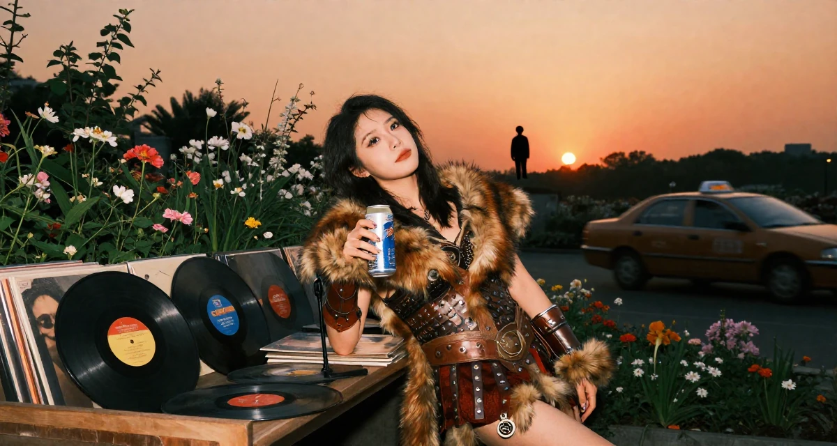 A playful Female From Chinese-speaking regions, majored in marketing analytics in their 25, managing tight budgets as a student, wearing a barbarian warrior outfit with faux fur and leather, holding a beverage can in a blooming flower garden.