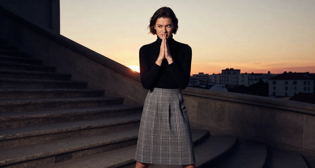 A mischievous male Once a swimwear shop clerk, now modeling her own collections in their 24, fighting guilt when taking a single day off, wearing a classic black turtleneck tucked into a plaid midi skirt, rubbing hands together for warmth in a winding staircase.