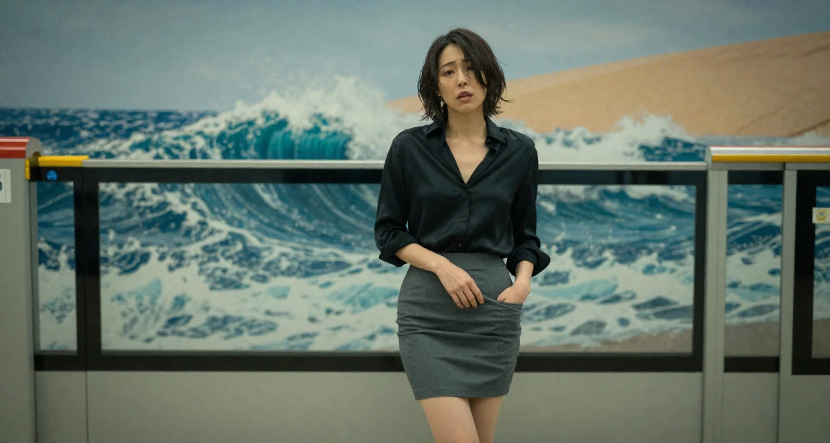 A wild Female From Osaka Japan, learned cosplay craftsmanship and character styling in their 28, dealing with fatigue from years of online performance, wearing a black silk blouse slightly unbuttoned and a grey skirt, reaching for a pocket in a subway platform.