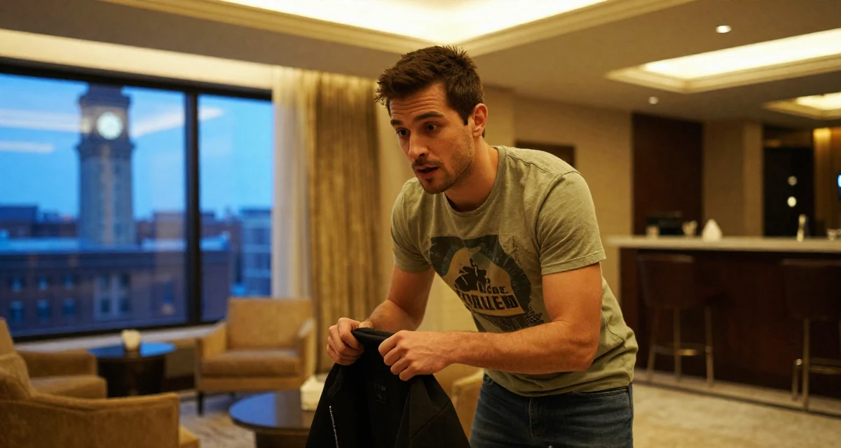 A subtly surprised male From Toronto Canada, studied criminology in their 23, discovering the thrill of tasteful seduction, wearing a laid-back graphic tee and jeans, putting on a jacket in a luxury hotel lobby.