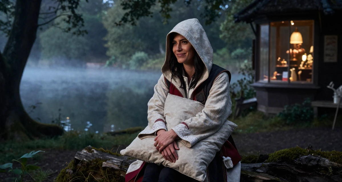 A quietly happy Female From UK, studied anthropology in their 40, redefining style for the modern professional, wearing a assassin creed style hooded robe and tunic, hugging a pillow or cushion in a magical forest clearing.