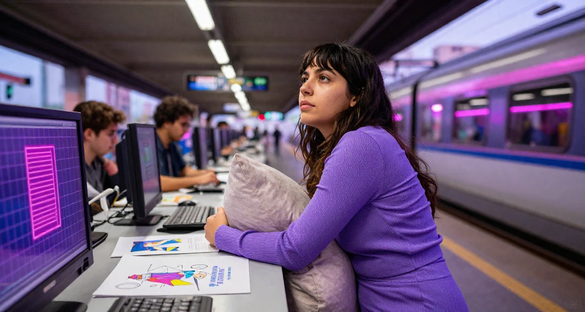 A yearning Female From Mexico, studied graphic design and illustration in their 37, mentoring younger creatives in the industry, wearing a ribbed lounge set that hugs the curves, hugging a pillow or cushion in a train platform.