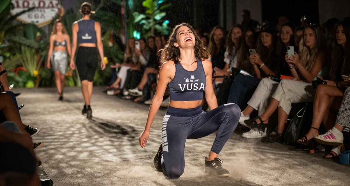 A nostalgic Female From Las Vegas USA, learned burlesque performance and crowd engagement in their 21, laughing openly with head thrown back, wearing a gym shark style seamless leggings and matching crop top, kicking up dust playfully in a fashion runway.