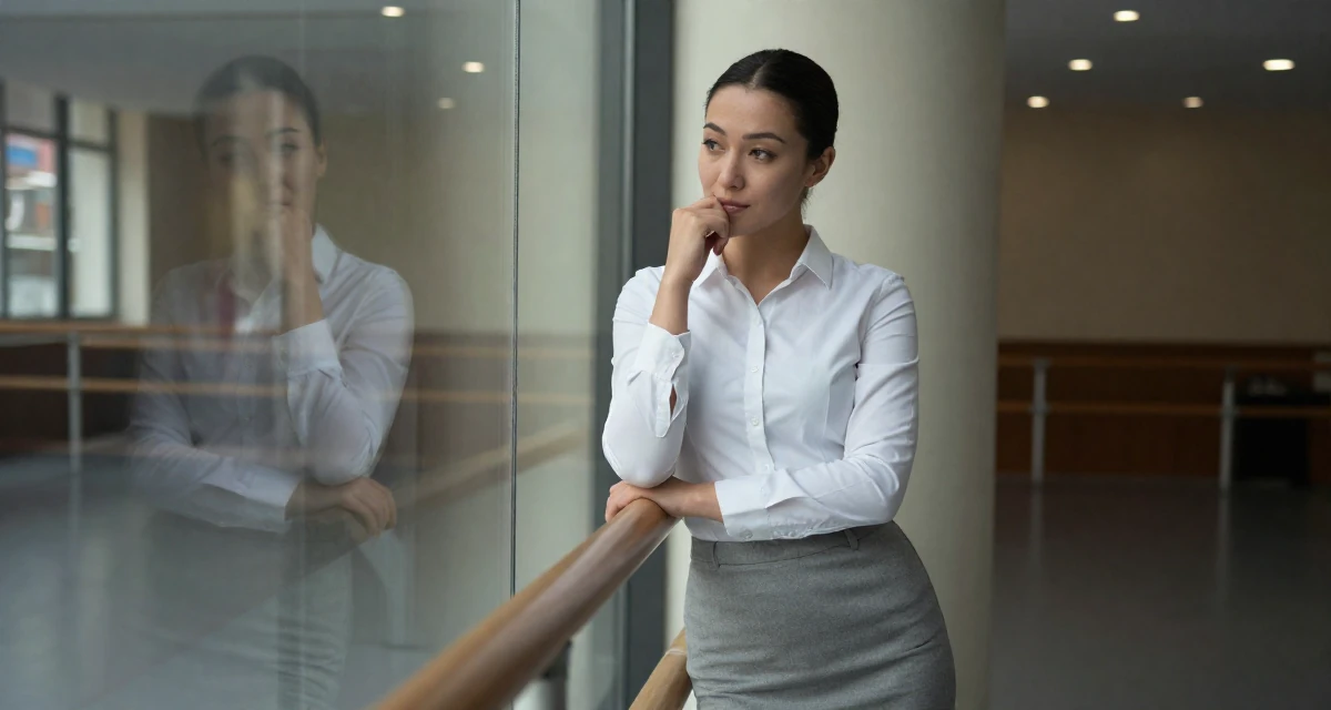 A quietly confident Female From Mongolia, based in Ulaanbaatar, graduated from a national university majoring in media studies in their 30, feeling pride and fatigue in equal measure, wearing a office lady pencil skirt and tight white shirt, biting the lower lip softly in a ballet studio.