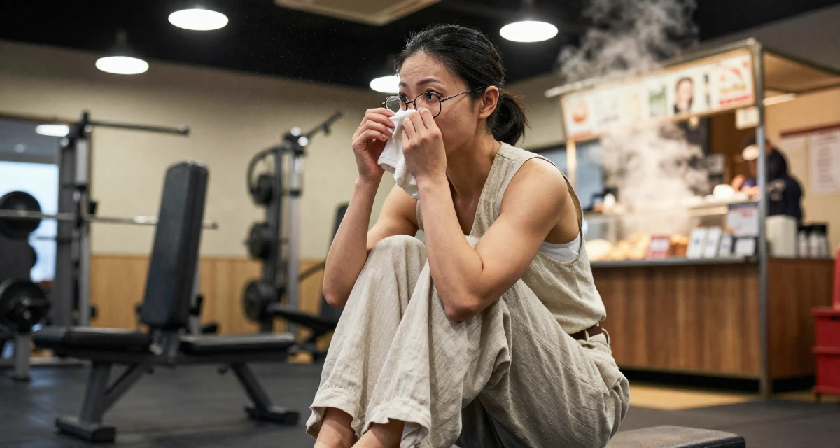 A expectant Female From Kyoto Japan, practiced artistic nude photography as self-expression in their 29, preparing for the transition into the 30s, wearing a sleeveless vest top and wide-leg linen pants, cleaning glasses with a cloth in a gym interior.