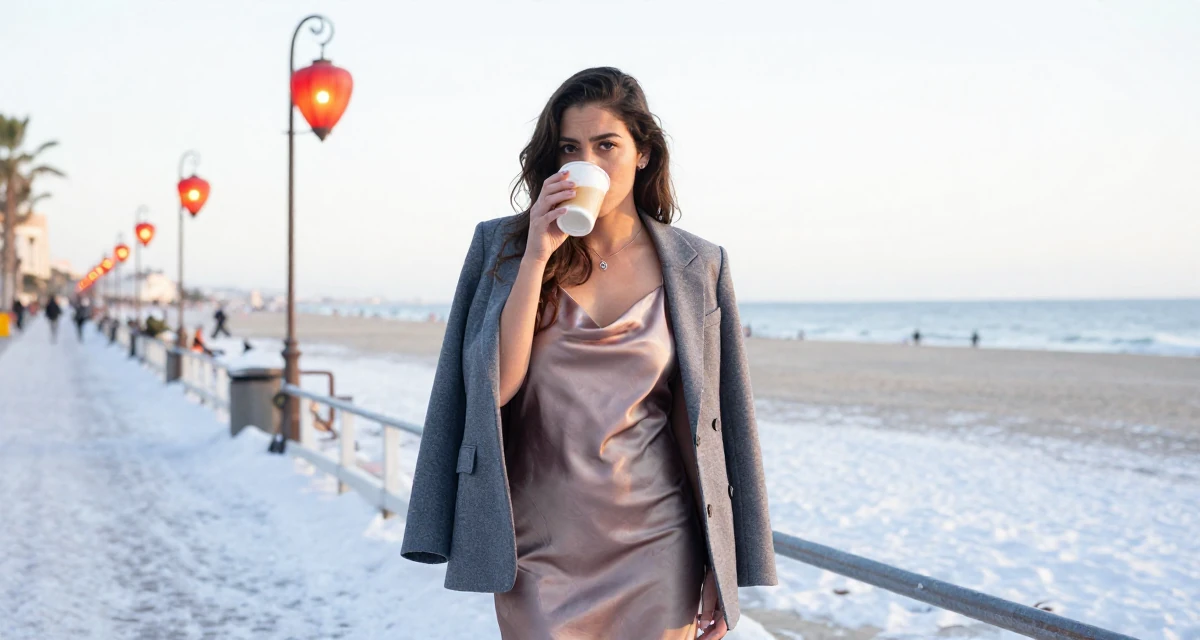 A introspective Female From Mexico, studied graphic design and illustration in their 24, facing pressure to reinvent the brand constantly, wearing a satin slip skirt paired with a structured blazer, sipping a warm drink in a beach promenade.