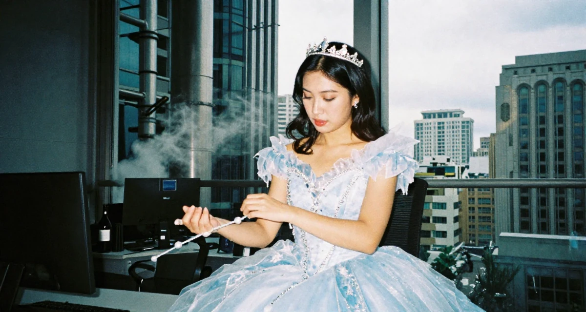 A deeply absorbed Female From Malaysia, majored in international business in their 24, learning to prioritize emotional well-being, wearing a snow queen gown with ice crystal details, adjusting sleeves in a high-rise office building.