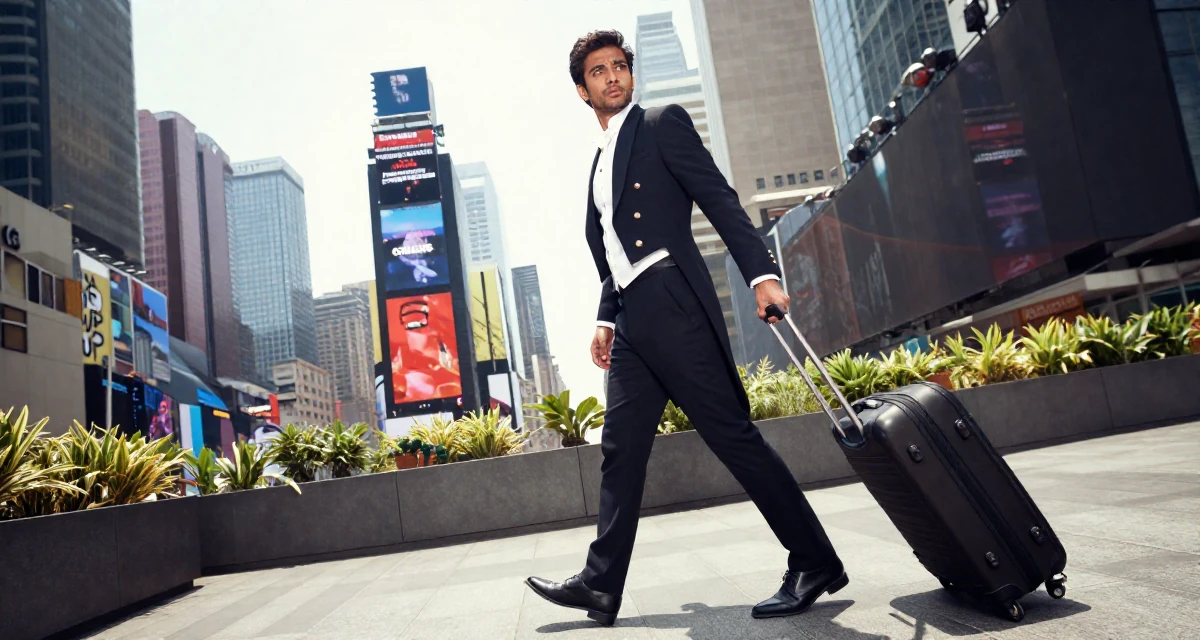 A pensive male From India, based in Bangalore, graduated from a technical institute majoring in information systems in their 25, adjusting to newfound independence, wearing a circus ringmaster outfit with a tailcoat, pulling a suitcase in a sunny patio.