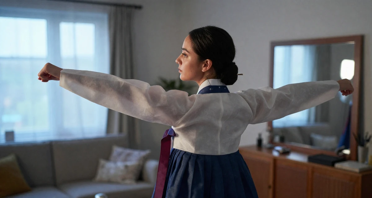 A soulful Female From Sweden, trained in interior architecture in their 25, exploring soft-glam looks to elevate content quality, wearing a traditional hanbok modified for a modern look, stretching arms after waking in a sunlit living room.