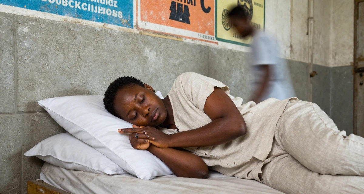 A sleepy Female From Abuja Nigeria, studied public administration in their 53, dealing with declining energy levels, wearing a chic summer linen outfit, pointing at something nearby in a abandoned hospital.