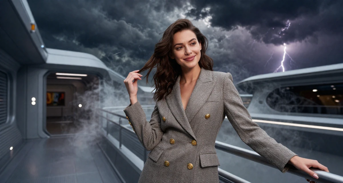 A softly smiling Female From United States, majored in hospitality operations in their 22, learning how to avoid scams and risky promo offers, wearing a double-breasted blazer dress with gold buttons, leaning on a railing in a spaceship corridor.