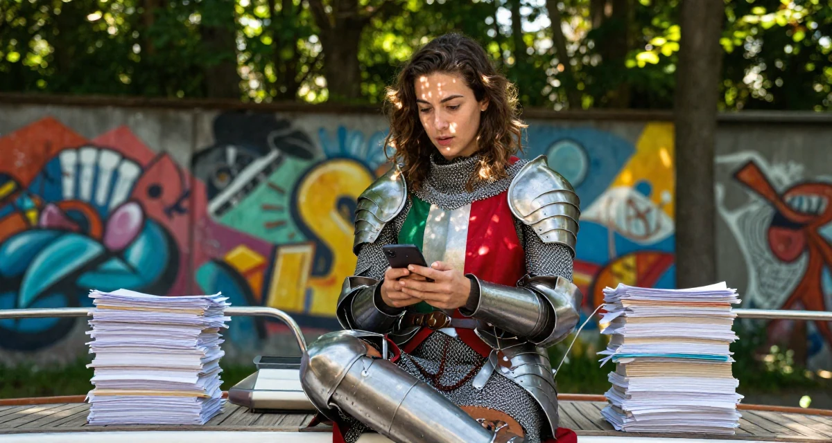 A subtly surprised Female From Italy, studied product design in their 23, learning the pain of “low views after high effort”, wearing a female knight armor with a tabard and chainmail, checking a notification on a phone in a yacht deck.