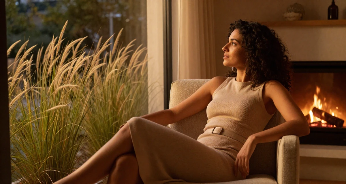 A open and honest Female From Lisbon Portugal, majored in digital communication in their 32, sharing easy DIY home improvement projects, wearing a fitted sleeveless shift dress with a belt, looking out the window in a fashion runway.