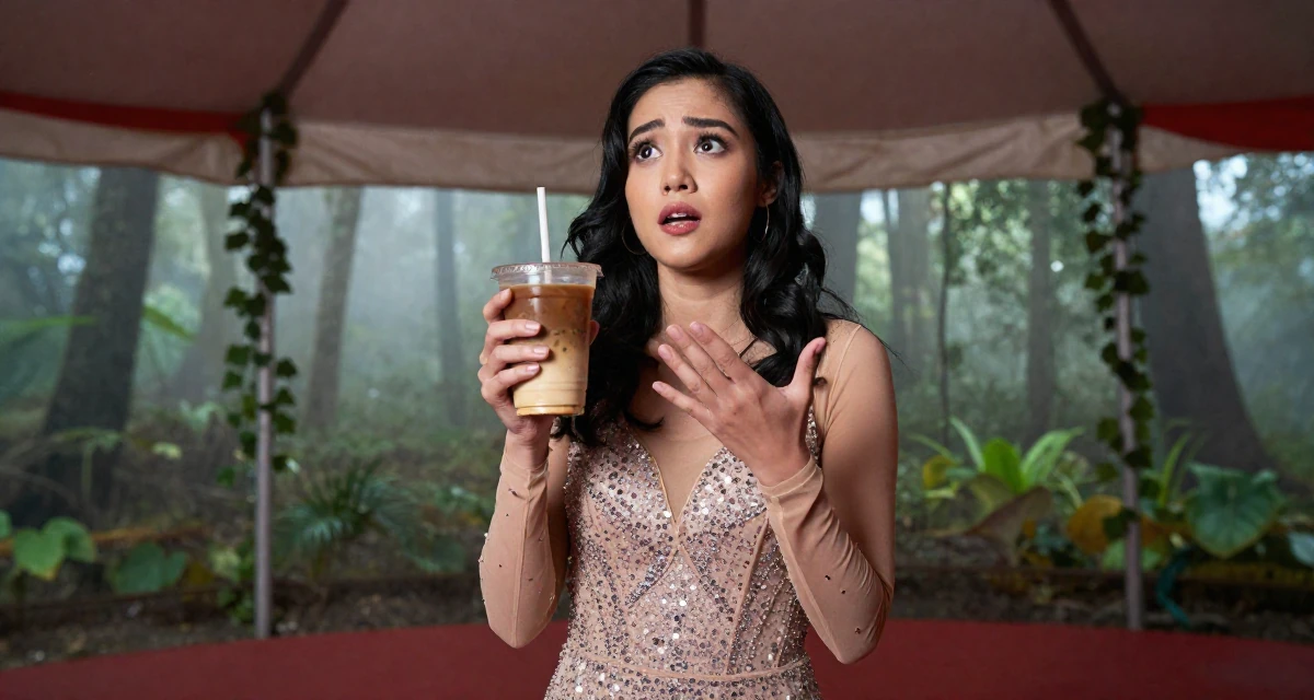 A awestruck Female From Bandung Indonesia, studied journalism in their 22, clutching an iced coffee as a survival tool, wearing a ice skater sparkly dress with sheer sleeves, gesturing while talking in a circus tent interior.