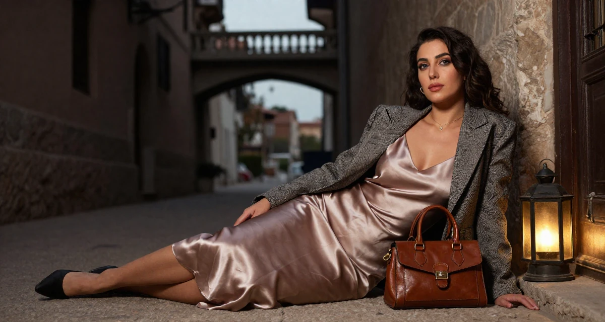 A introspective Female From Syria, studied business IT in their 30, recovering workaholic learning to relax, wearing a satin slip skirt paired with a structured blazer, carrying a leather handbag in a quiet alleyway.