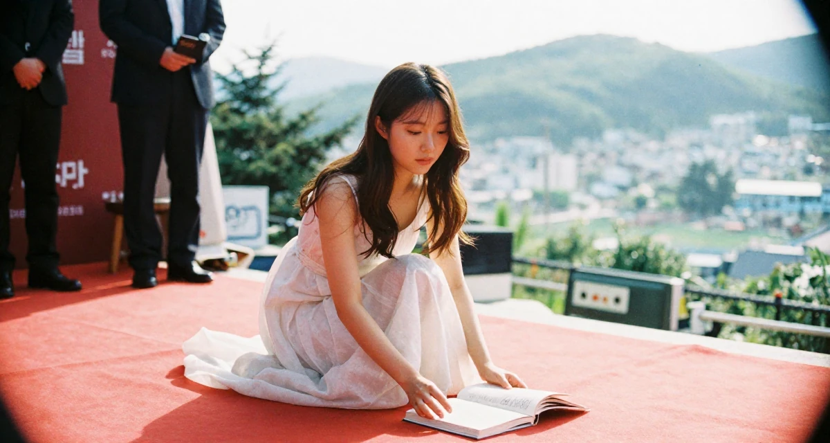 A reflective Female From South Korea, based in Busan, graduated from a design institute majoring in visual communication in their 25, becoming more intentional with time and focus, wearing a semi-sheer white sundress backlit by the sun, opening a book in a red carpet event.