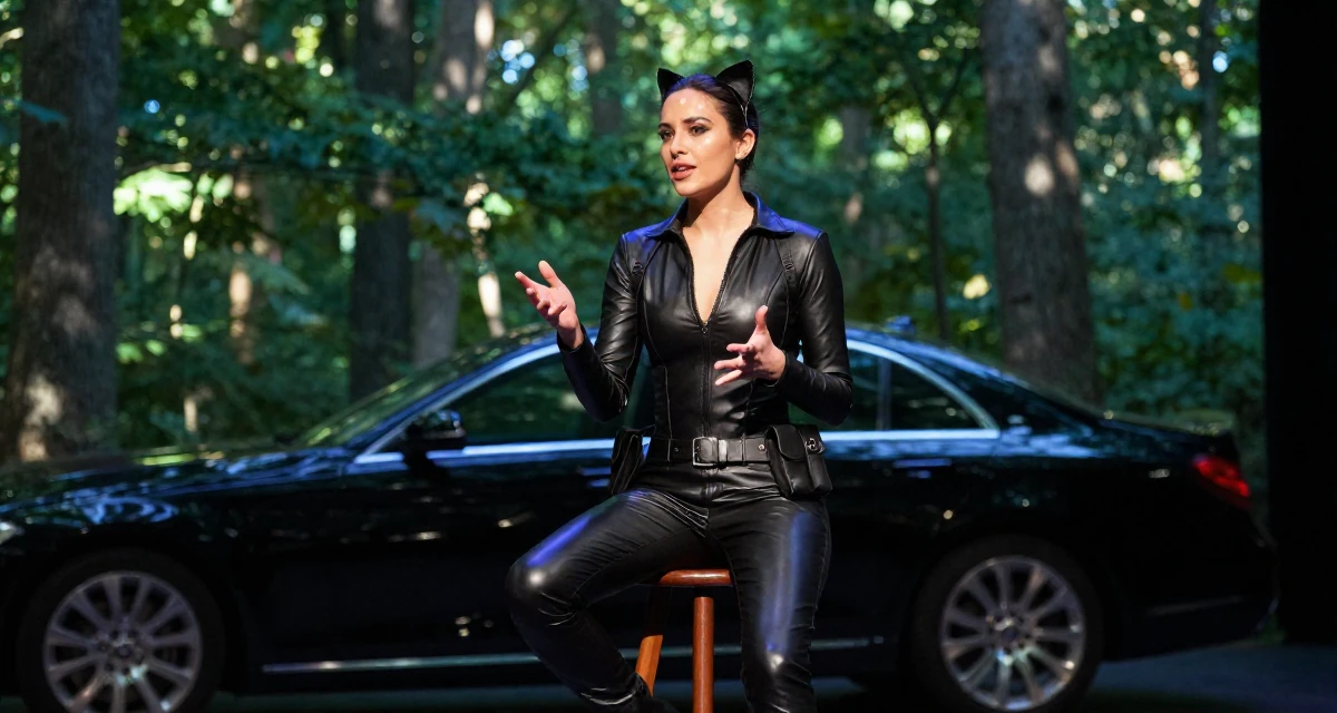 A ethereal Female From Israel, has a background in tech startups in their 24, building a sensual brand with consistency, wearing a tight leather cat burglar suit with a utility belt, gesturing while talking in a theater stage.
