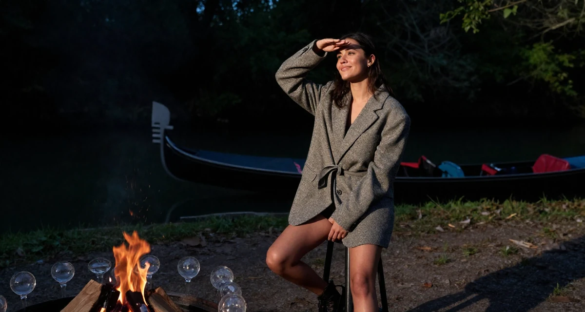 A hopeful Female From United States, majored in forestry studies in their 26, seeking deeper meaning in daily work, wearing a oversized blazer worn as a dress with a belt, shading eyes from the sun in a campfire circle.