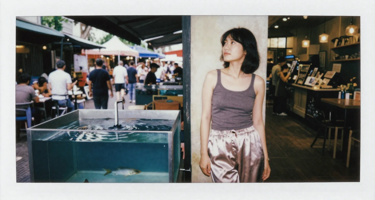 A placid Female Former spa receptionist, now blending beauty with calm-aesthetic content in their 22, feeling like a small fish in a big corporate pond, wearing a loose silk trousers and a fitted tank top, gazing at the sky in a cozy café.