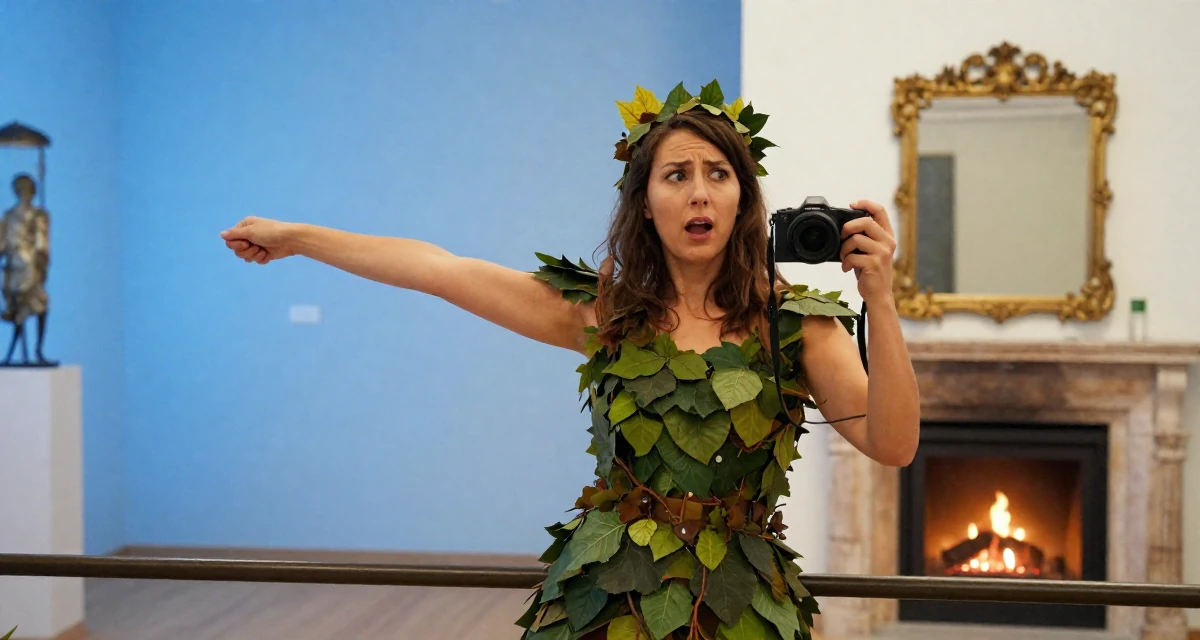 A anxious but excited Female From Austria, majored in music theory in their 25, preparing for larger adult responsibilities, wearing a forest dryad costume made of leaves and vines, stretching arms after waking in a art gallery hall.