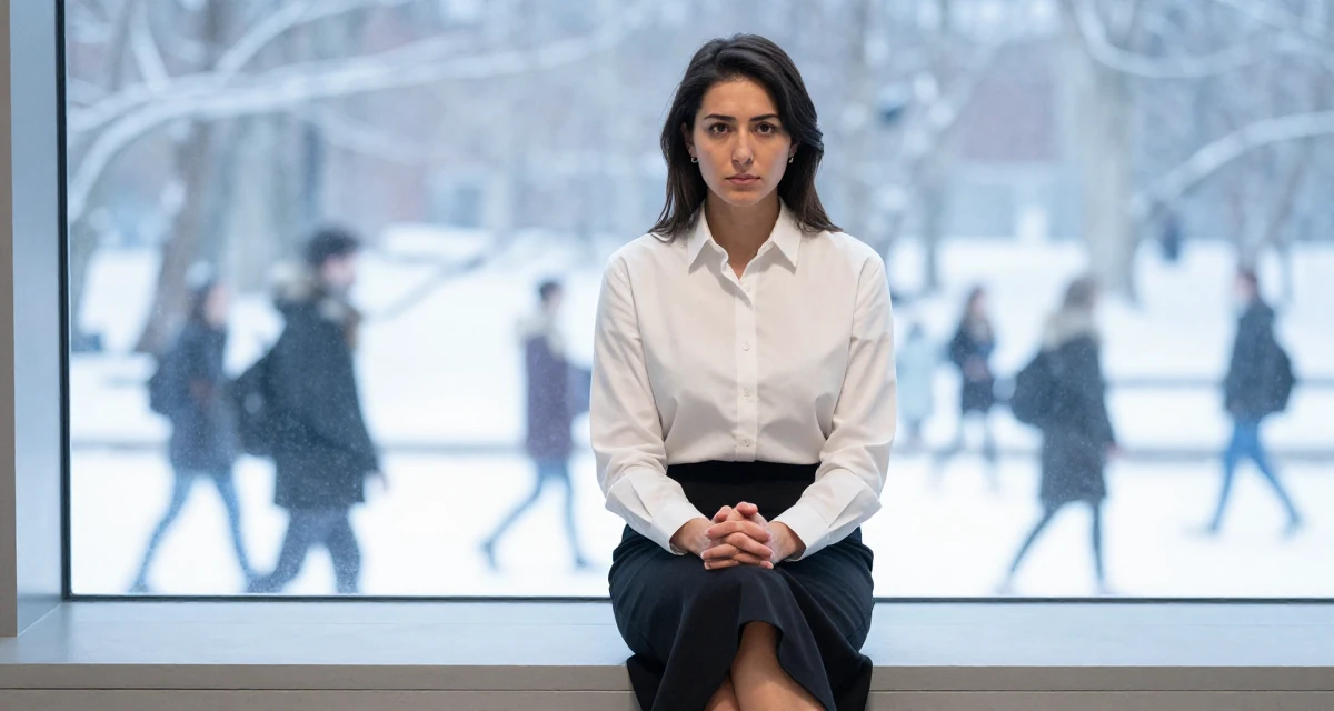 A stoic and strong Female From USA, studied marketing and consumer behavior in their 22, forcing confidence even on days with no energy, wearing a asymmetrical hem skirt and a crisp white shirt, clasping hands together in a museum exhibit.