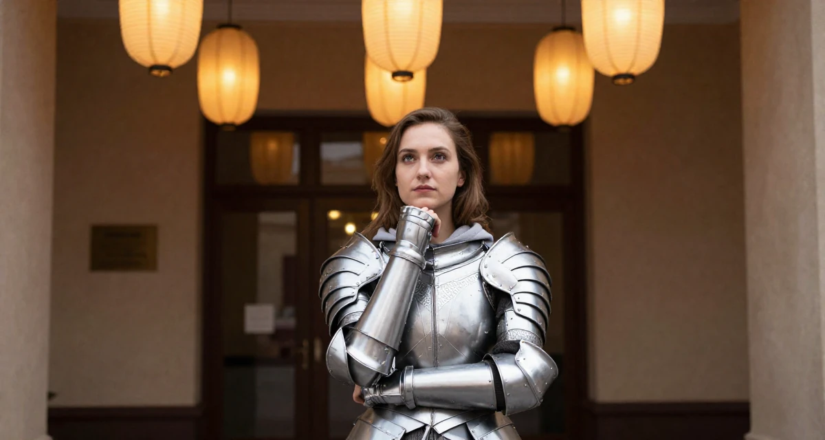 A hypnotic Female From Romania, studied computer science in their 20, trying to balance academic pressure and social life, wearing a fantasy warrior princess armor made of silver metal, zipping up a hoodie in a cinema entrance.