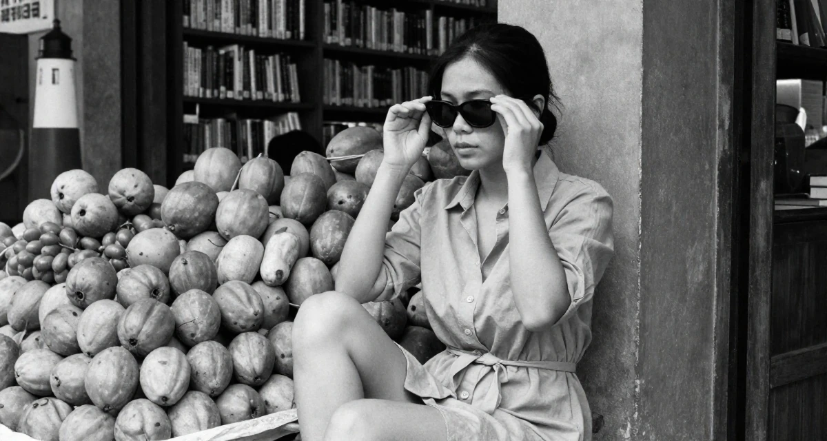 A timid Female From Ho Chi Minh City Vietnam, studied multimedia design in their 34, seeking spiritual or philosophical growth, wearing a button-up shirt dress with the top buttons undone, lowering sunglasses to look out in a quiet library corner.