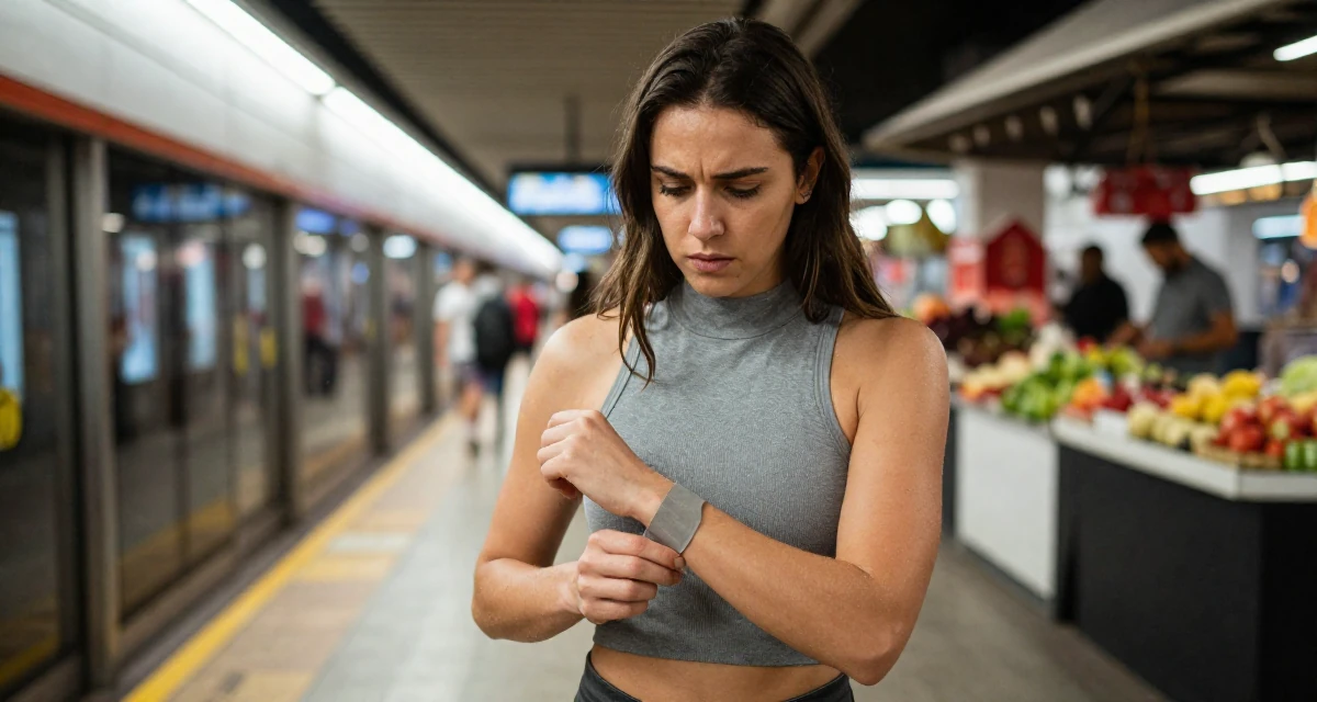 A enigmatic Female Former swim instructor, now producing sun-soaked lifestyle content in their 22, facing uncertainty about future stability, wearing a high-neck sleeveless crop top showing toned arms, fixing a cufflink in a subway platform.