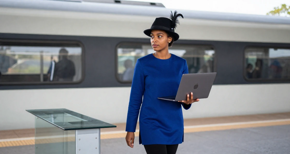 A observant Female From Cape Town South Africa, studied film editing in their 32, managing high-stakes projects with calm, wearing a royal musketeer tunic with a feathered hat, holding a laptop in a train platform.