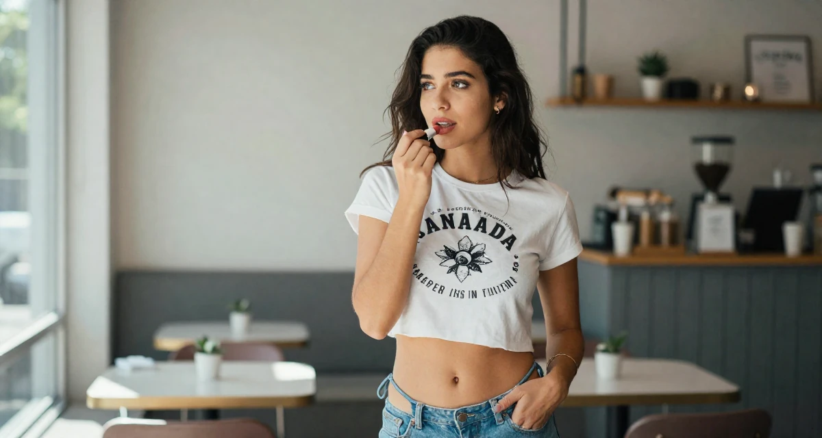 A observant Female From Canada, trained in advertising and branding in their 20, unsure of their major but faking confidence, wearing a cropped graphic tee and bikini bottoms, applying lipstick in a trendy coffee shop.