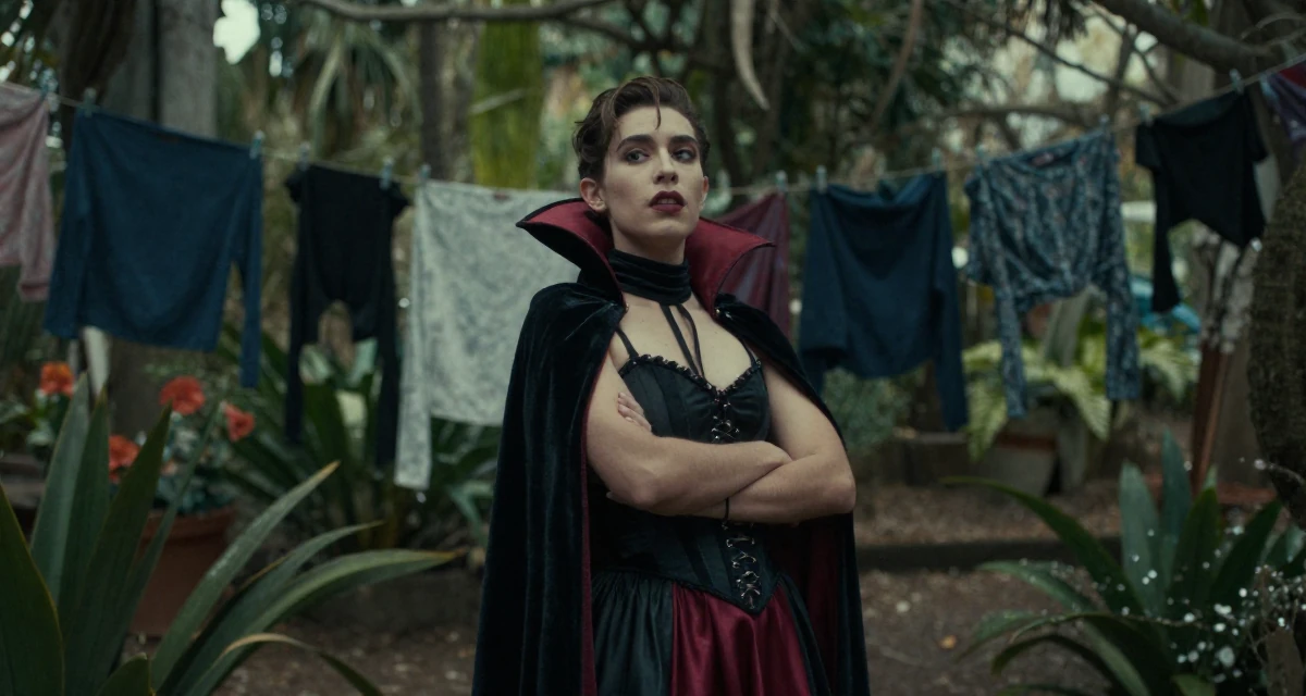 A longing male From Mexico, majored in advertising and PR in their 22, mastering the art of subtle teasing through framing, wearing a vampire queen gown with a high collar and corset, crossing arms confidently in a botanical garden.