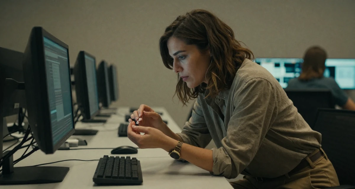 A commanding Female From France, based in Marseille, graduated from a creative college majoring in intimate portrait photography in their 47, navigating the challenges of the sandwich generation, wearing a muted earth-tone clothing set, inspecting fingernails in a cybernetic computer lab.