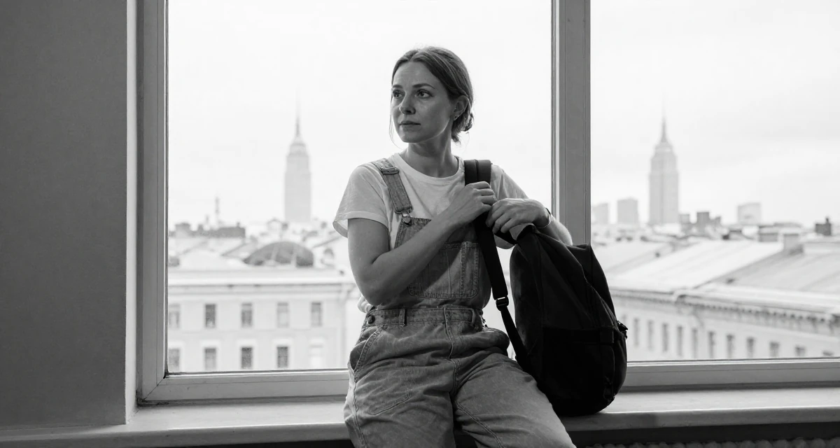 A calmly observant Female From Saint Petersburg Russia, studied fine arts in their 44, expert in negotiation and communication skills, wearing a relaxed dungarees or overalls, adjusting a backpack strap in a theater stage.