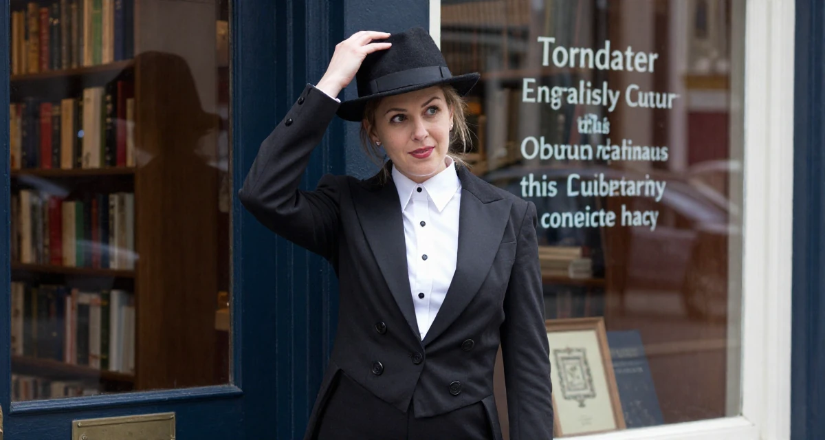 A empowered Female From UK, has a background in english literature and theatre in their 49, noticing early burnout signs, wearing a circus ringmaster outfit with a tailcoat, tipping a hat in a quiet library corner.