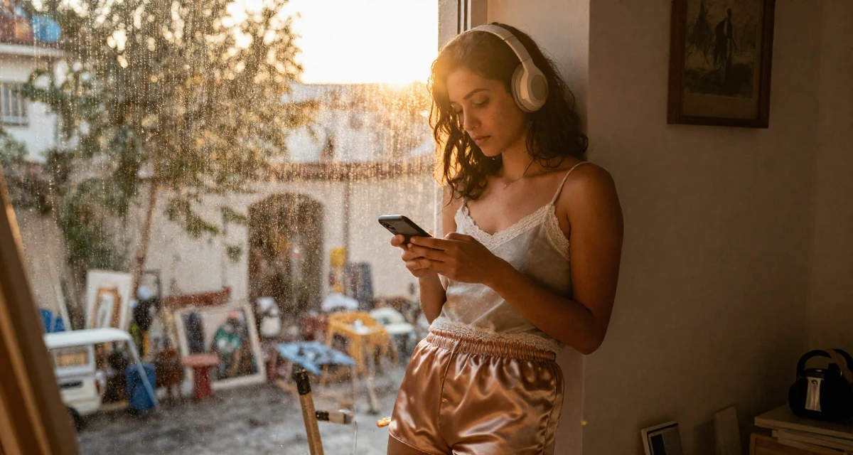 A lonely Female From Israel, majored in computational biology in their 23, refining their taste in art and music, wearing a lace-trimmed camisole and silk lounge shorts, typing a message in a messy artist studio.