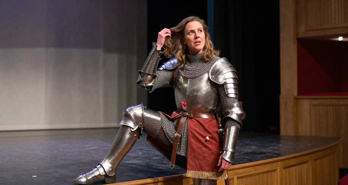 A content Female From Scotland, studied game design in their 41, expert in digital marketing for small biz, wearing a female knight armor with a tabard and chainmail, retouching hair volume in a theater stage.