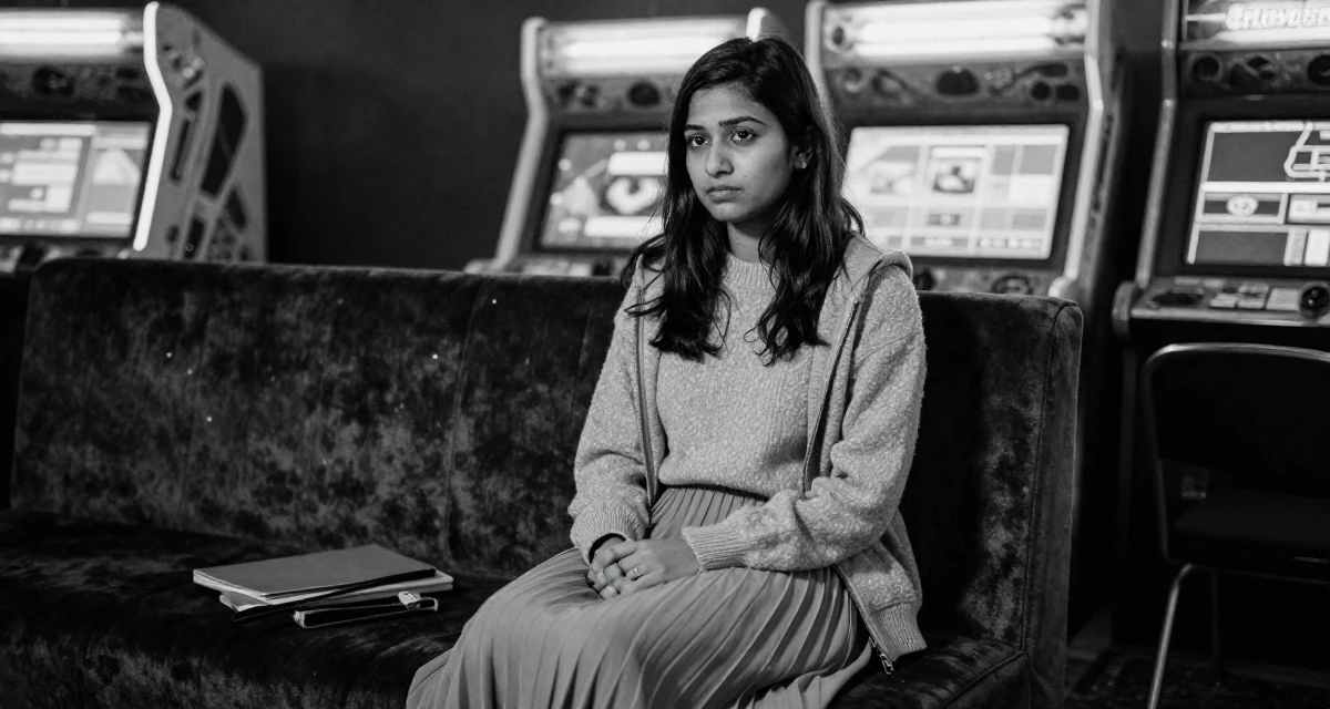 A wistful Female Born in India, studied data analytics for media in their 21, struggling to wake up for early morning lectures, wearing a soft cashmere sweater and a pleated midi skirt, zipping up a hoodie in a arcade room with neon lights.