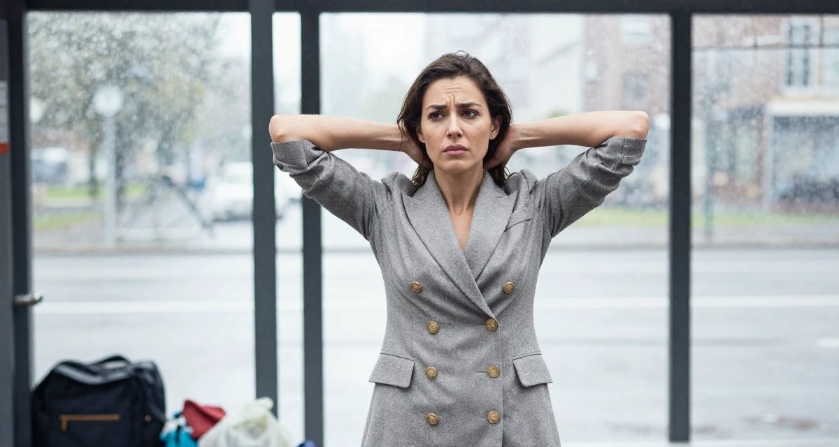 A troubled Female Raised in Germany, studied visual communication design in their 40, celebrating a decade of professional mastery, wearing a double-breasted blazer dress with gold buttons, stretching the neck in a bus stop in the rain.