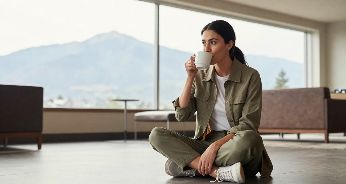A glowing Female From United States, studied health science in their 26, learning to endure hate comments quietly, wearing a modern utilitarian outfit, sipping a warm drink in a hotel lobby.
